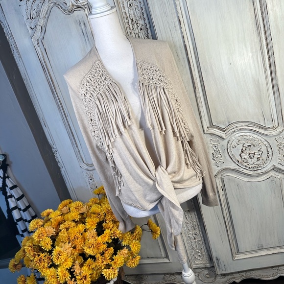 Boston Proper Beige Fringe Front Tie Cardigan - Picture 1 of 14